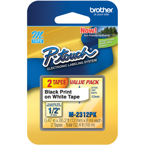 Brother M Labeling Tape (1/2" x 26.2', Black on White, 2 Rolls)