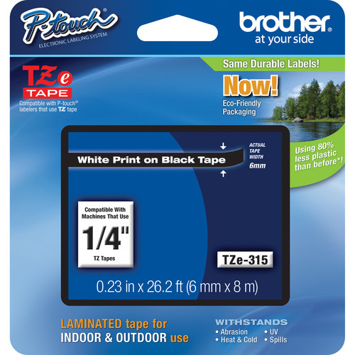 Brother TZe315 Laminated Tape for P-Touch Labelers (White on Black, 0.25" x 26.2')
