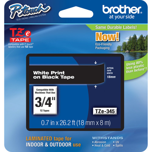 Brother TZe345 Laminated Tape for P-Touch Labelers (White on Black, 0.75" x 26.2')