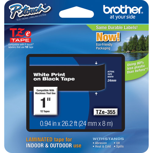 Brother TZe355 Laminated Tape for P-Touch Labelers (White on Black, 1" x 26.2')