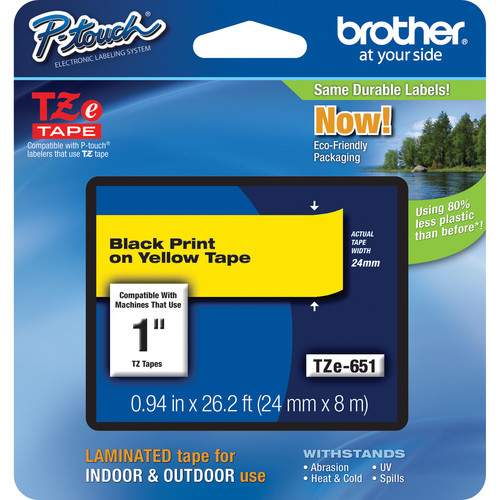 Brother TZe651 Laminated Tape for P-Touch Labelers (Black on Yellow, 1" x 26.2')