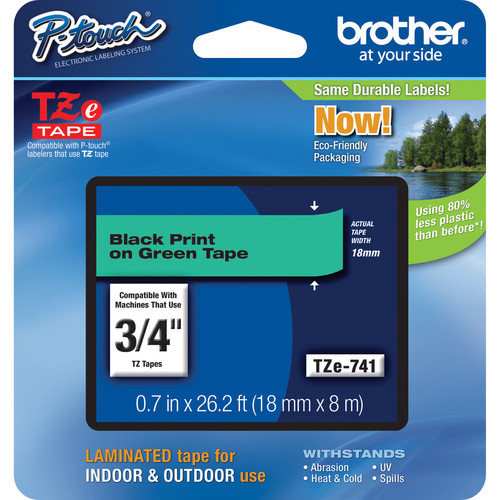 Brother TZe741 Laminated Tape for P-Touch Labelers (Black on Green, 0.75" x 26.2')