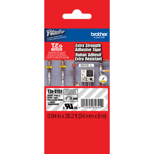 Brother TZeS151 Tape with ExtraStrength Adhesive for P-Touch Labelers (Black on Clear, 1" x 26.2')