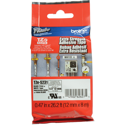 Brother TZeS231 Tape with ExtraStrength Adhesive for P-Touch Labelers (Black on White, 1/2" x 26.2')