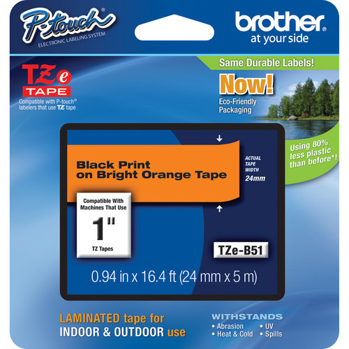 Brother TZeB51 Laminated Tape for P-Touch Labelers (Black on Fluorescent Orange, 1" x 16.4')