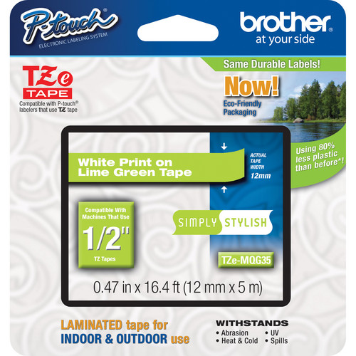 Brother TZeMQG35 Laminated Tape for P-Touch Labelers (White on Lime Green, 0.5" x 16.4')