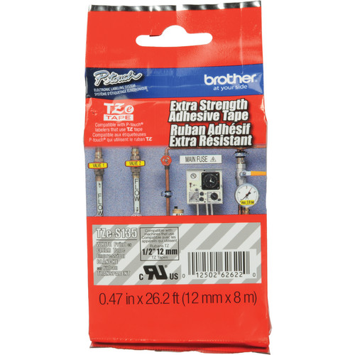 Brother TZeS135 Tape with ExtraStrength Adhesive for P-Touch Labelers (White on Clear, 1/2" x 26.2')