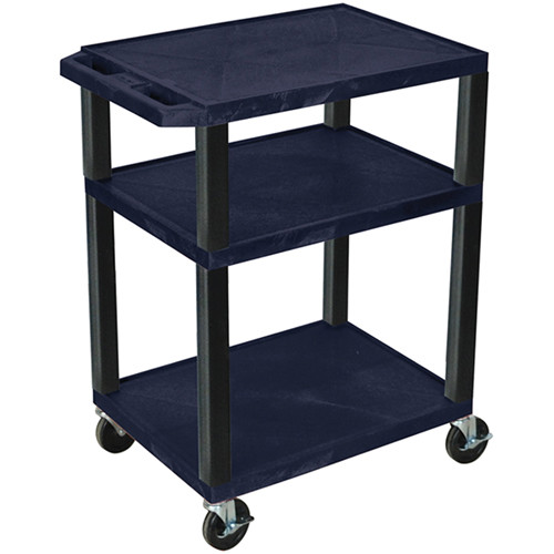 Luxor 34" A/V Cart with 3 Shelves and 3-Outlet Electrical Assembly (Navy Shelves, Black Legs)