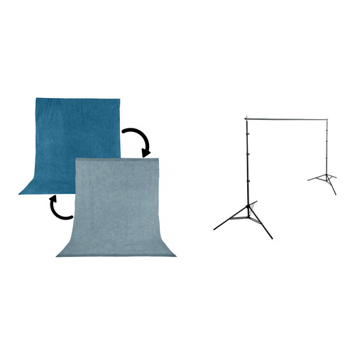 Impact Background Kit with 10 x 12' Stone Blue/Nickel Reversible Muslin Backdrop
