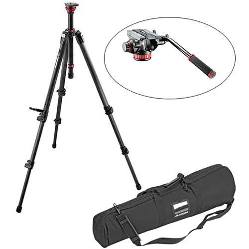 Manfrotto 755CX3 MagFibre Video Tripod Legs with Rapid Center Column & 502HD Pro Video Head with Flat Base Kit