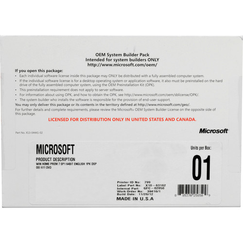 Microsoft Windows 7 Home Premium SP1 (64-bit) (OEM) DVD