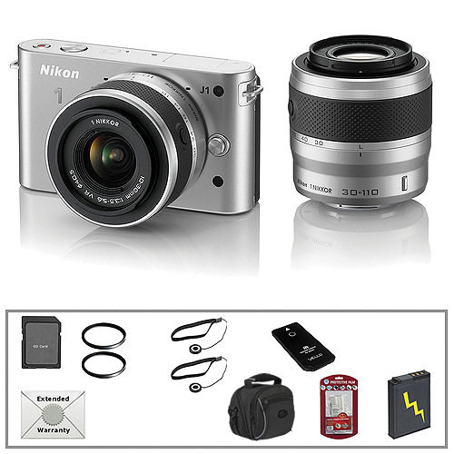 Nikon 1 J1 Mirrorless Digital Camera with 10-30mm / 30-110mm Lens (Silver) with Deluxe Accessory Kit