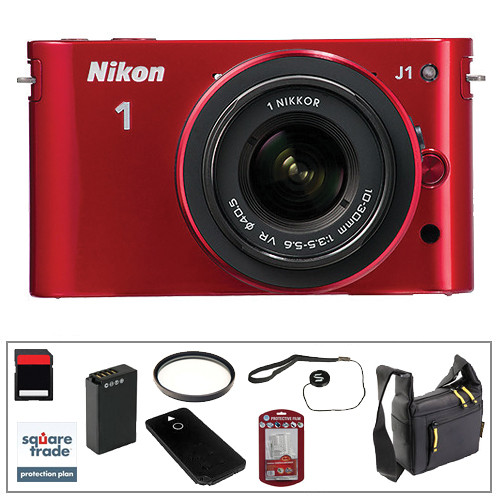 Nikon 1 J1 Mirrorless Digital Camera with 10-3mm VR Zoom Lens (Red) with Deluxe Accessory Kit