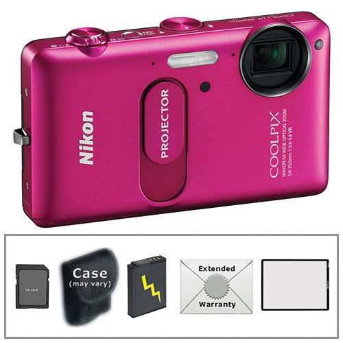 Nikon CoolPix S1200pj Digital Camera with Built-In Projector (Pink) with Deluxe Accessory Kit