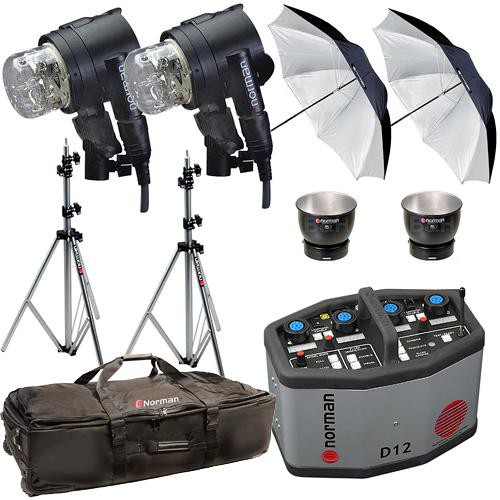 Norman D12R Pack, 2- IL2500 Head/Reflector, Stands, Umbrellas, Case Kit