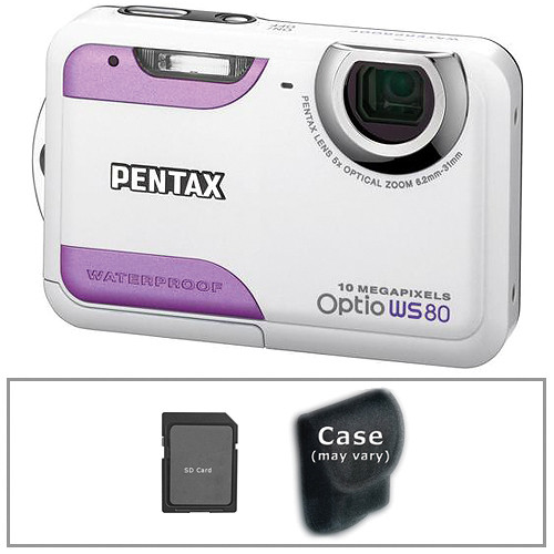 Pentax Optio WS80 Waterproof Digital Camera (White/Purple) With Accessory Kit