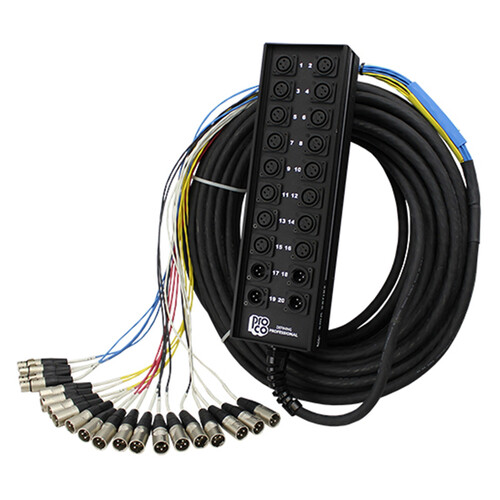 Pro Co Sound RoadMaster Snake 20 Channel Stagebox to Fanout (16x Send + 4x XLR Male Return) - 50'
