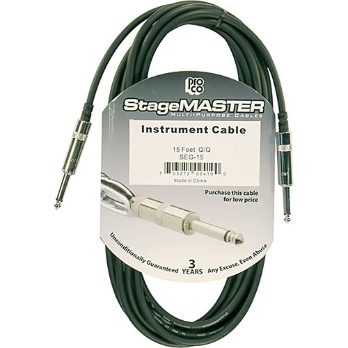 Pro Co Sound StageMASTER 1/4" Male to 1/4" Male Instrument Cable - 15'