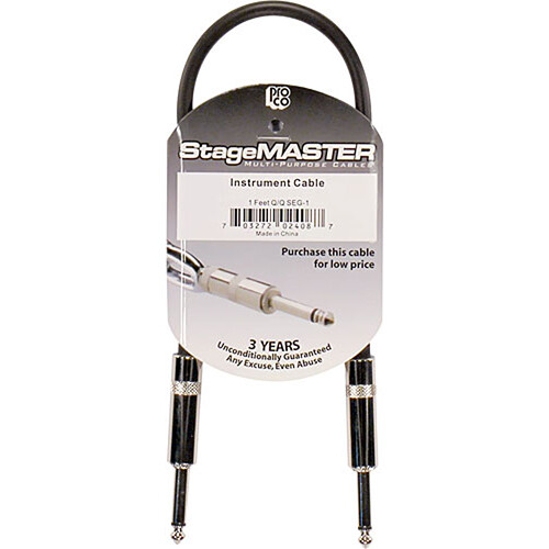 Pro Co Sound StageMASTER 1/4" Male to 1/4" Male Instrument Cable - 1'