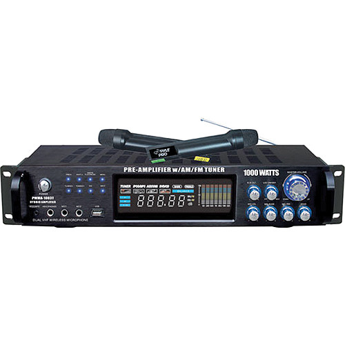 Pyle Pro PWMA1003T Hybrid Stereo Receiver Amplifier with AM/FM Tuner & 2 Wireless Microphones (1000 W, 2 RU)