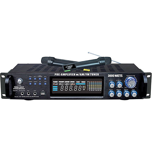 Pyle Pro PWMA3003T Hybrid Stereo Receiver Amplifier with AM/FM Tuner & 2 Wireless Microphones (3000 W, 2 RU)