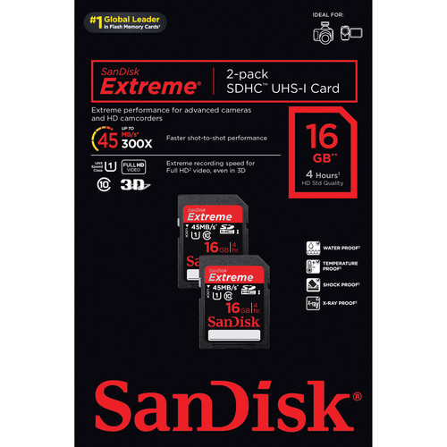 SanDisk 16GB SDHC Memory Card Extreme Class 10 UHS-I - 2-Pack