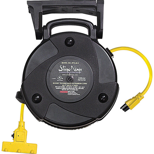 Stage Ninja 12-AWG 3-Outlet Retractable Power Reel with Circuit Breaker (Yellow Cord, Black Thermoplastic Housing, 40')