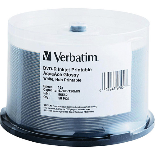 Verbatim DVD-R AquaAce Glossy White Inkjet Printable Hub Printable (50 Pack)