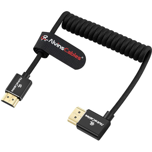 Alvin's Cables 8K HDMI 2.1 Straight to Right-Angle Braided Coiled Cable (Black, 12 to 18")