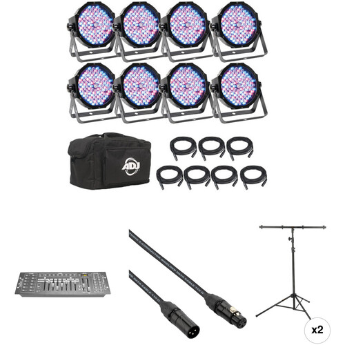 American DJ Mega Flat Pak 8 Plus with DMX Controller and Stands Kit