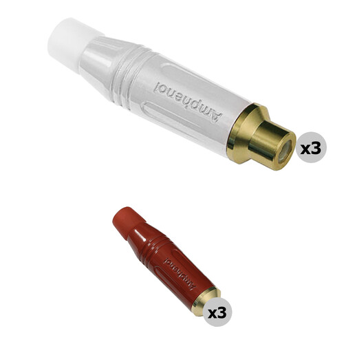 Amphenol AC Series RCA Female Cable Connector with Diecast Shell (3 White, 3 Red)