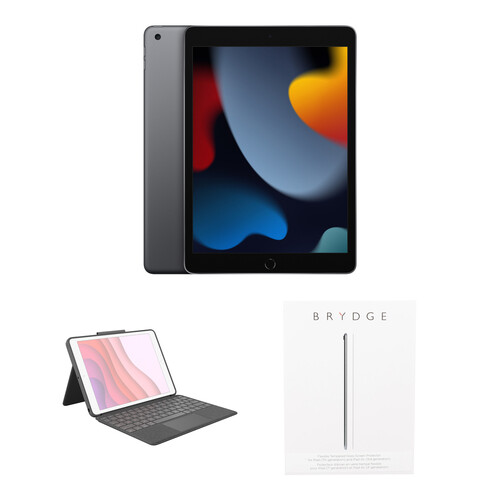 Apple 10.2" iPad with Logitech Keyboard and Tempered Glass Kit (9th Gen, 64GB, Wi-Fi Only, Space Gray)