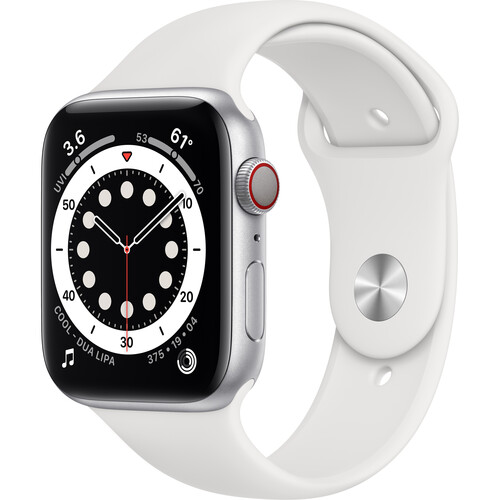 Apple Watch Series 6 (GPS + Cellular, 44mm, Silver Aluminum, White Sport Band)