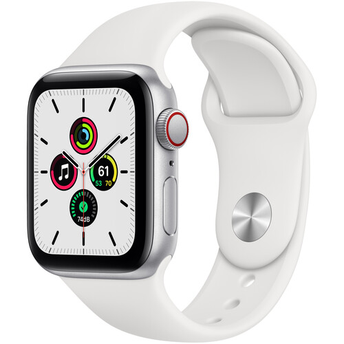Apple Watch SE (GPS + Cellular, 40mm, Silver Aluminum, White Sport Band)