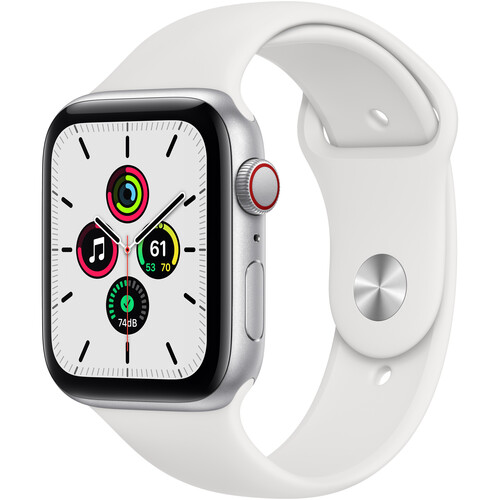 Apple Watch SE (GPS + Cellular, 44mm, Silver Aluminum, White Sport Band)