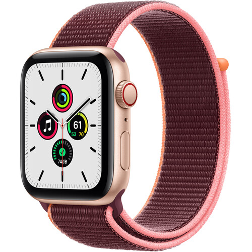 Apple Watch SE (GPS + Cellular, 44mm, Gold Aluminum, Plum Sport Loop Band)