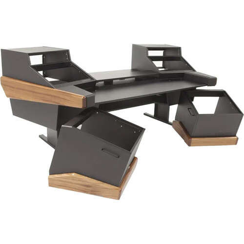 Argosy Dual 15K Keyboard Workstation Desk with Two DR825 Rack Modules and Mahogany Veneer Desktop