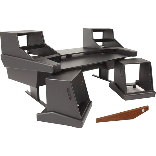 Argosy Dual 15K Keyboard Workstation Desk with Two DR847 Rack Modules and Mahogany Veneer Desktop