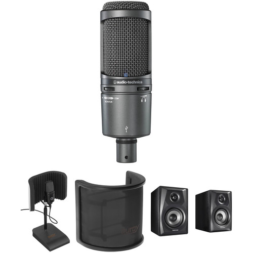 Audio-Technica AT2020USB+ USB Microphone Kit with Reflection Filter/Stand, Pop Screen, and Studio Monitors