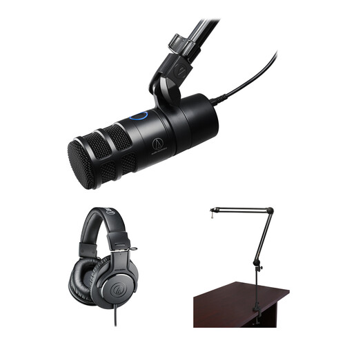 Audio-Technica AT2040USB Dynamic USB Podcast Microphone Kit with Headphones and Broadcast Arm