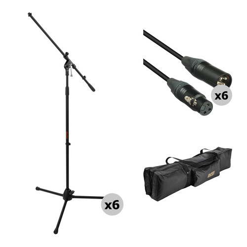 Auray Six Mic Stands and Cables Kit with Carrying Bag