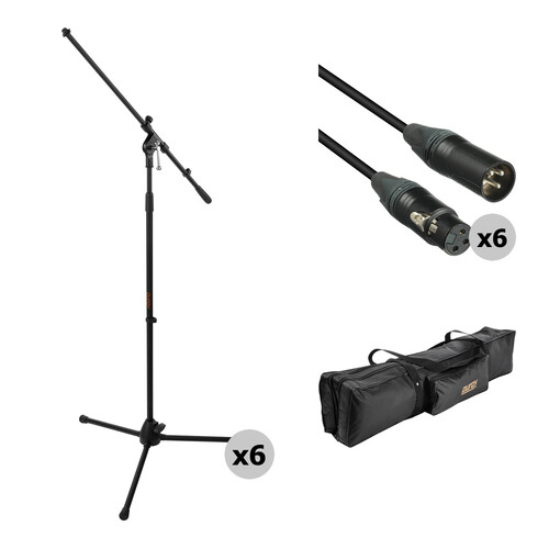 Auray Six Mic Stands and Cables Kit with Carrying Bag