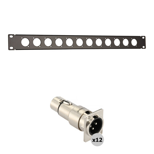 Auray RPPM12-1U Rack Panel for 12 Panel-Mount Connectors Kit with XLR Male-to-Female Feedthrough Adapters (1 RU)