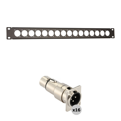 Auray RPPM16-1U Rack Panel for 16 Panel-Mount Connectors Kit with XLR Male-to-Female Feedthrough Adapters (1 RU)