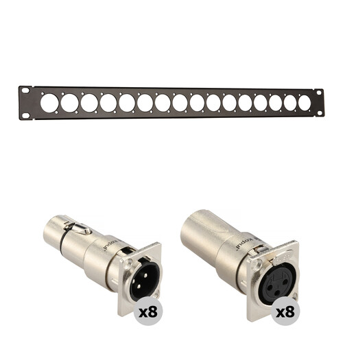 Auray RPPM16-1U Rack Panel for 16 Panel-Mount Connectors Kit with XLR Feedthrough Adapters (1 RU)