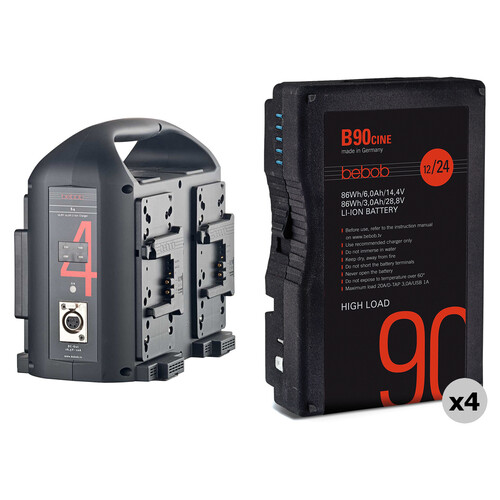 bebob 4 x B90CINE 86Wh B-Mount Li-ion Batteries with 4-Bay Charger Kit