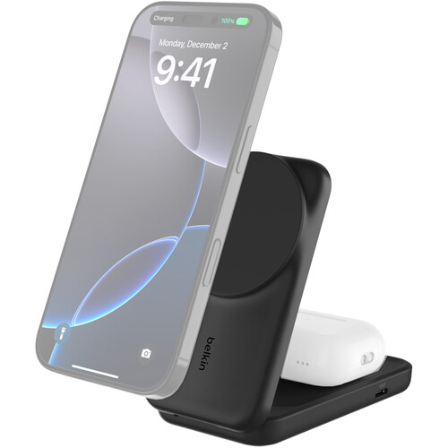 Belkin 2-in-1 25W Foldable Magnetic Qi2 Charging Stand (Black, Round Form)