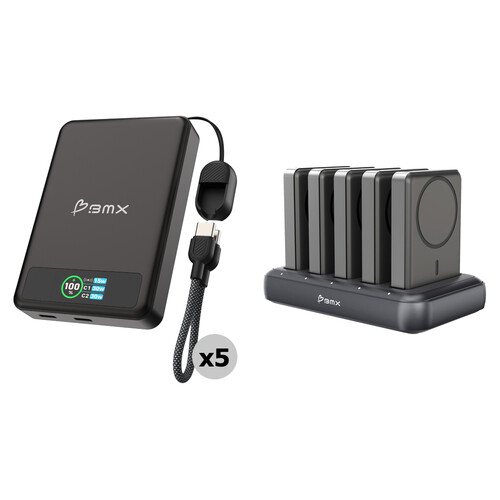 BMX SolidSafe 10,000mAh Solid-State Magnetic Power Bank (Black, 5-Pack) with 5-Bay Charging Dock