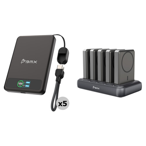 BMX SolidSafe 5000mAh Solid-State Magnetic Power Bank (Black, 5-Pack) with 5-Bay Charging Dock