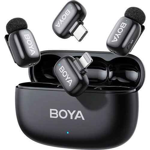 BOYA mini 2 2-Person Wireless Microphone System with Two Receivers with Lightning and USB-C Connectors (Black, with Charging Case)